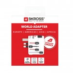 Adaptador de viaje mundial con más de 100 destinos Skross color blanco vista con caja