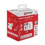Adaptador de viaje mundial con 2 puertos y cable incluido Skross color blanco vista con caja