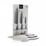 Set de cuchillos de lujo de cocina de acero inoxidable Boska color plateado brillante vista con caja
