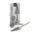 Set de utensilios para la pizza de acero inoxidable Boska color plateado brillante vista con caja