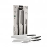 Set de cuchillos de cocina de acero inoxidable gama alta Boska color plateado brillante vista con caja