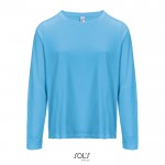 Camiseta de algodón semi peinado de manga larga y cuello redondo color azul cian
