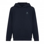 Sudadera infantil de algodón recicladocon capucha 280 g/m2 Iqoniq color azul marino vista con logo