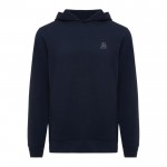 Sudadera unisex con capucha de algodón reciclado 280 g/m2 Iqoniq color azul marino vista con logo