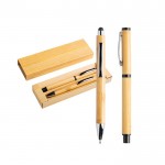 Bolígrafo y roller hechos de bambú con clip y estuche tinta azul vista principal