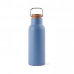 Botella de acero inoxidable reciclado con tapa de madera y asa 580ml color azul