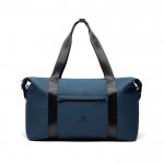 Bolsa de fin de semana repelente al agua con medida de viaje color azul marino vista con logo