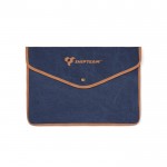 Funda para portátil de lona reciclada con bordes de color 14” color azul marino vista con logo
