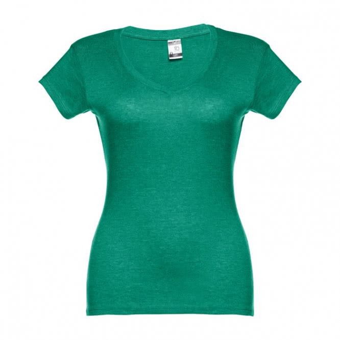 Camiseta corporativa cuello V para mujer color verde jaspeado primera vista