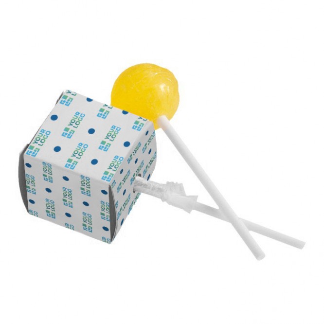 Piruleta de 10g con mix de sabores en caja personalizable a todo color