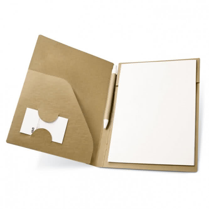Carpeta de cartón con bloc de notas y bolígrafo color marfil con logo