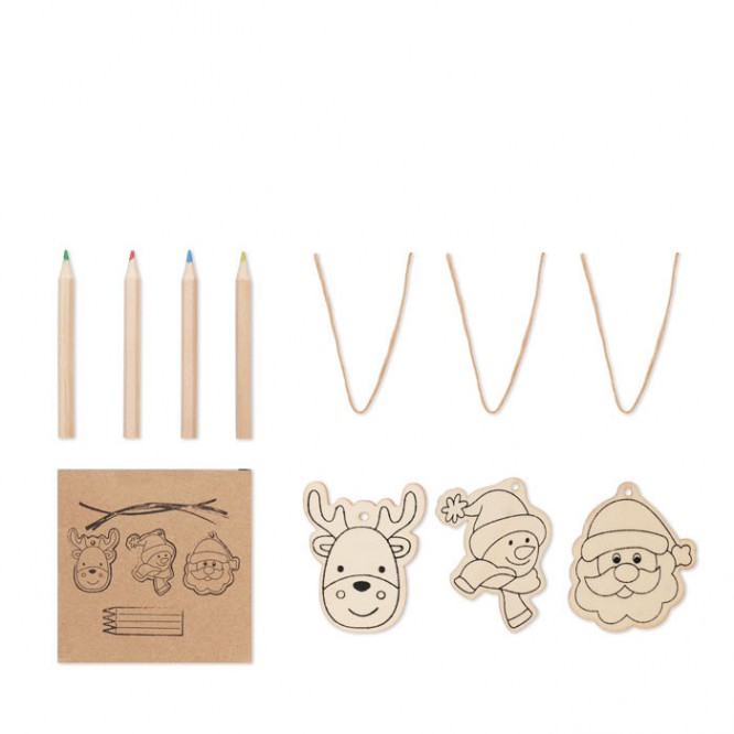 Set de 3 adornos navideños de madera y lápices presentados en caja