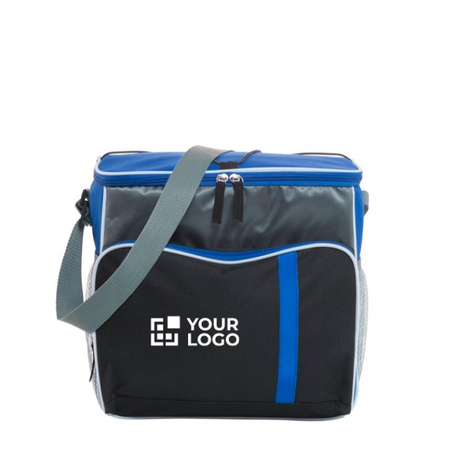 Bolsa térmica con distintos compartimientos en el exterior color azul ultramarino vista de impresión