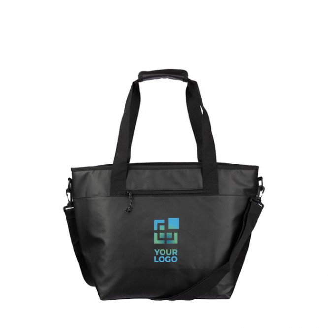 Bolsa térmica de poliéster con cierre de velcro y correa de hombro color negro vista de impresión