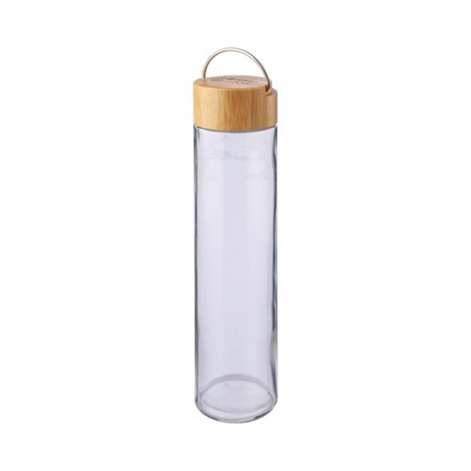 Botella de vidrio y tapa de bambú con asa de metal 500ml
