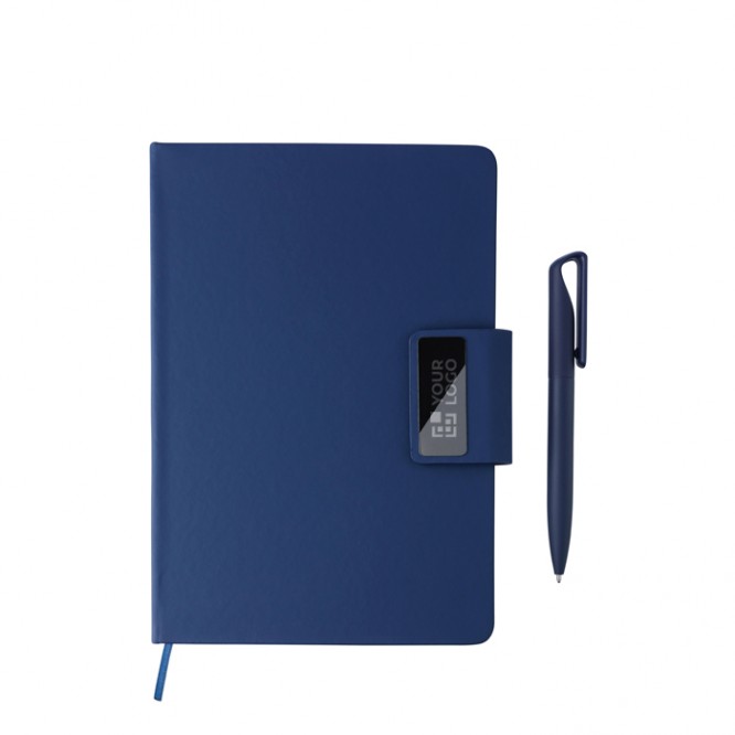 Libreta de PU reciclado con hojas a rayas A5 y bolígrafo tinta azul