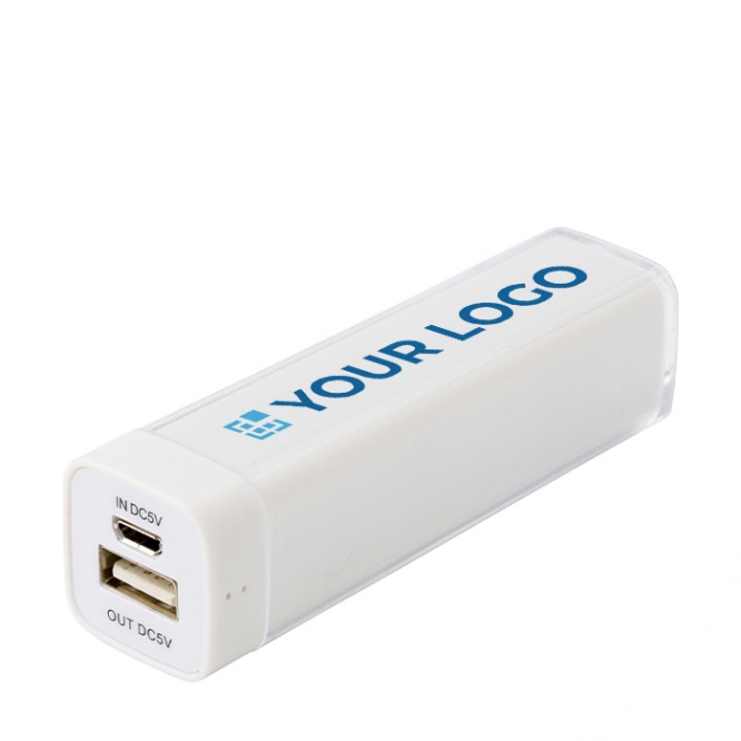 Batería externa personalizada compacta color blanco tercera vista