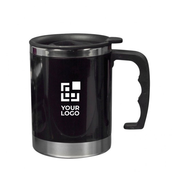Taza térmica de acero inoxidable y tapa con cierre deslizante color negro vista de impresión