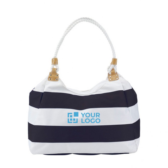 Bolsa de playa de poliéster marinera con bolsillo interior color azul marino vista de impresión