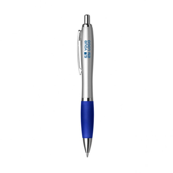 Bolígrafo plateado con antideslizante de colores tinta azul vista de impresión