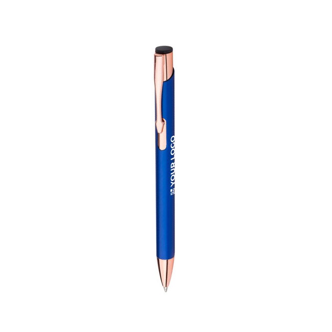 Bolígrafo metálico mate con detalles en oro rosa de tinta azul vista de impresión