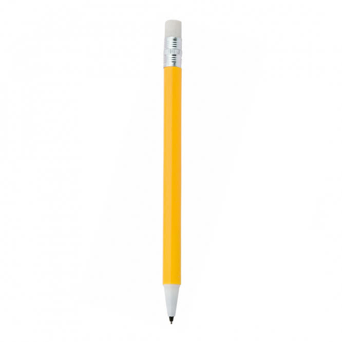 portaminas promocionales con goma y forma de lápiz amarillo
