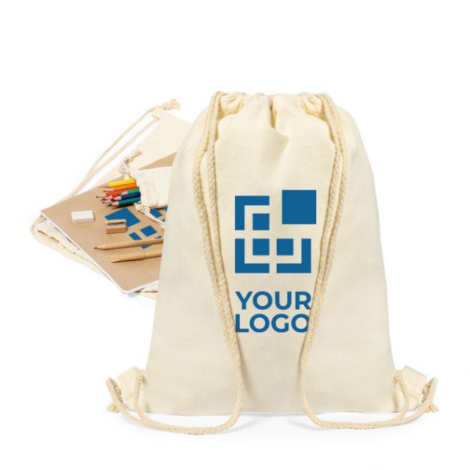 Bolsa de algodón con un set de escritura, colores y cuaderno