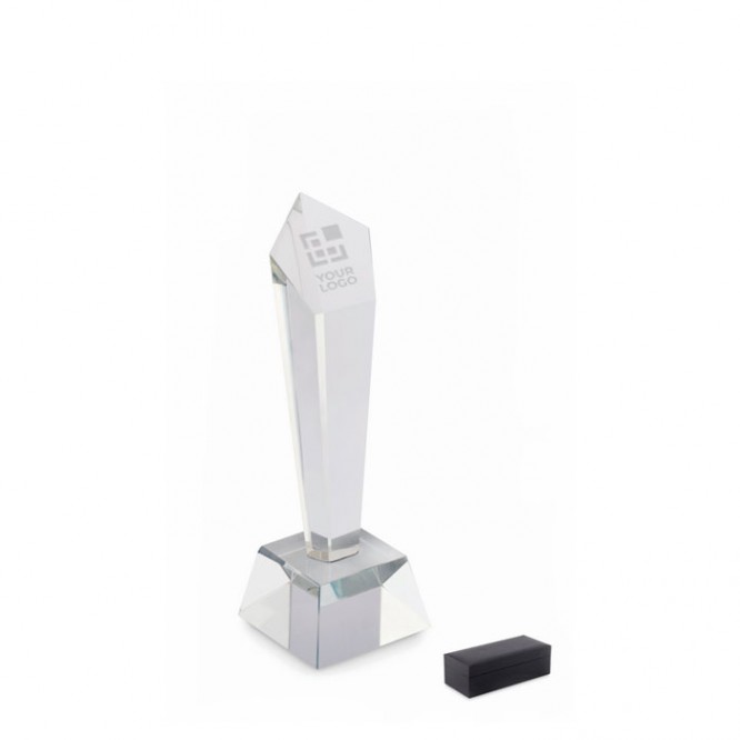 Trofeo de cristal en forma geométrica vertical en base de cristal vista de impresión