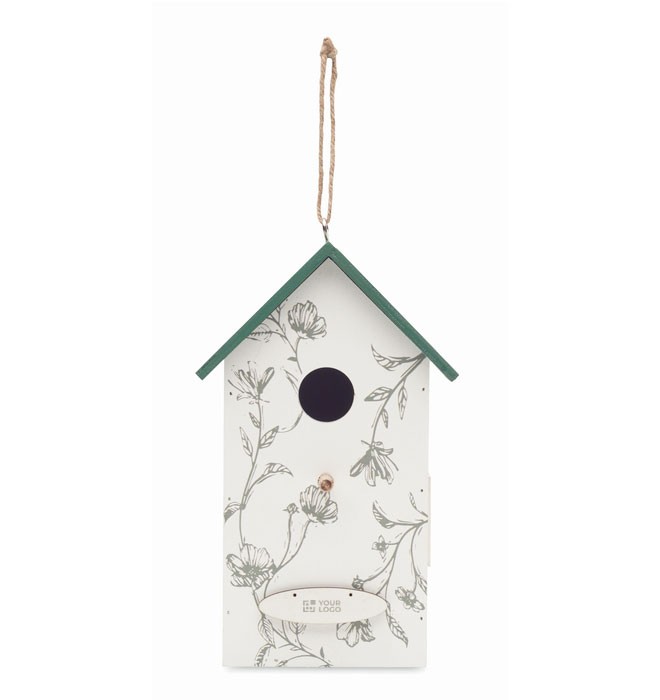 Casa colgable de madera para pájaros con estampado floral