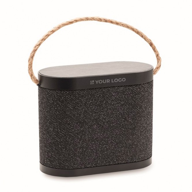 Altavoz negro inalámbrico con asa de transporte de yute 15W