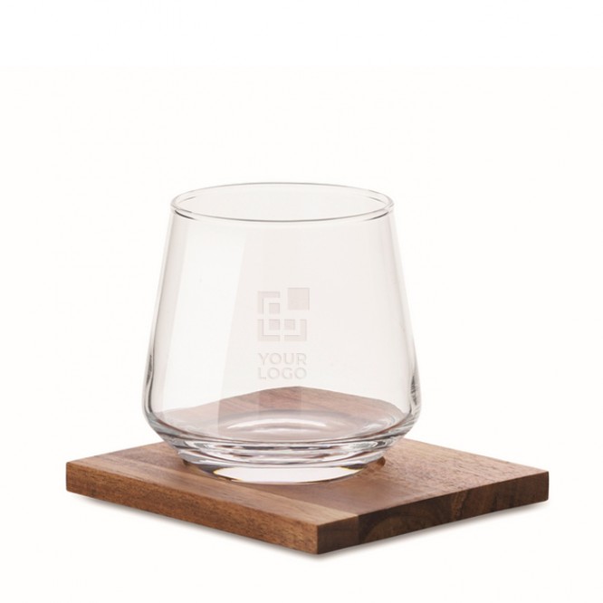 Vaso corto de cristal para whisky con posavasos de madera de acacia