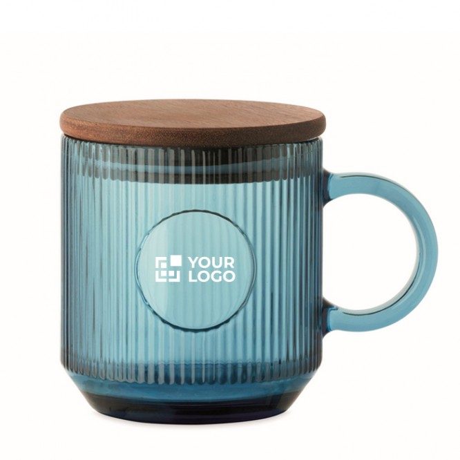 Taza original de cristal estriado con tapa de madera de acacia 300ml