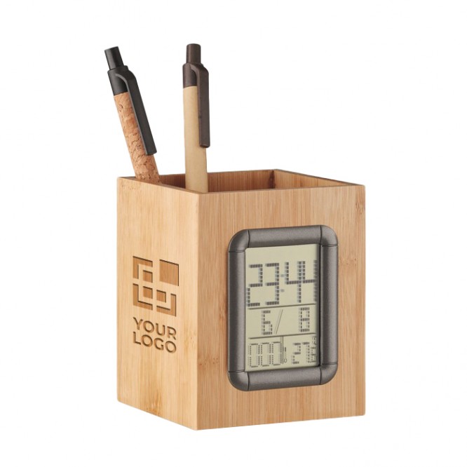 Lapicero con calendario y termómetro de color madera