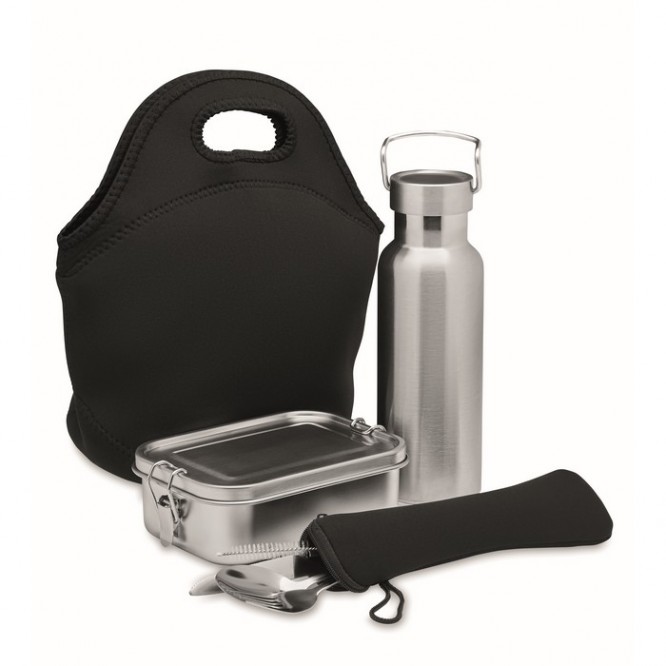 Set con botella, fiambrera, cubiertos y bolsa
