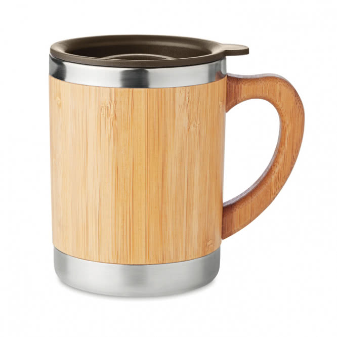 Elegante taza de acero con carcasa de bambú color madera