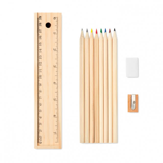 Set de lápices, regla y goma en estuche color madera tercera vista