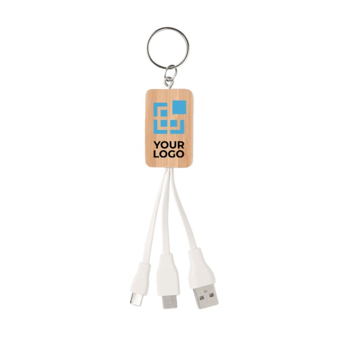 Llavero con logotipo y cables USB color madera