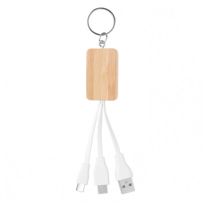 Llavero con logotipo y cables USB color madera