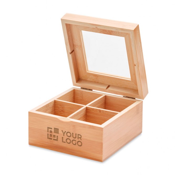 Caja madera bambou con 4 compartimentos con tapa cristal