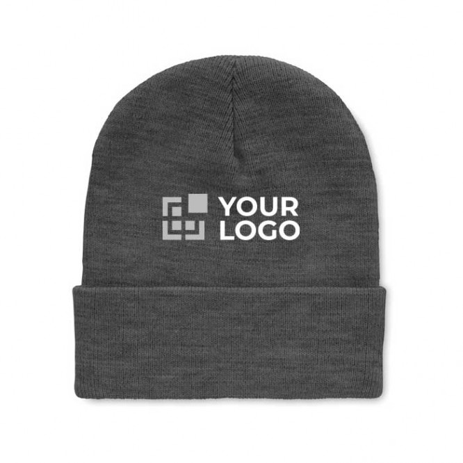 Gorro con logo con puño enrollado color gris cuarta vista con logo
