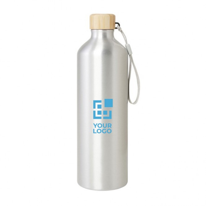 Botella grande de aluminio reciclado con tapa de bambú y correa 1L