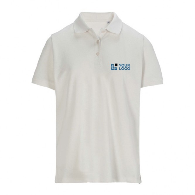 Polo de algodón peinado para mujer manga corta y 3 botones color blanco roto vista de impresión Polo de algodón peinado para mujer manga corta y 3 botones color blanco roto vista de impresión