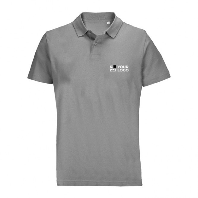 Polo unisex de 100% algodón peinado y cuello canalé con 2 botones color gris claro vista de impresión Polo unisex de 100% algodón peinado y cuello canalé con 2 botones color gris claro vista de impresión