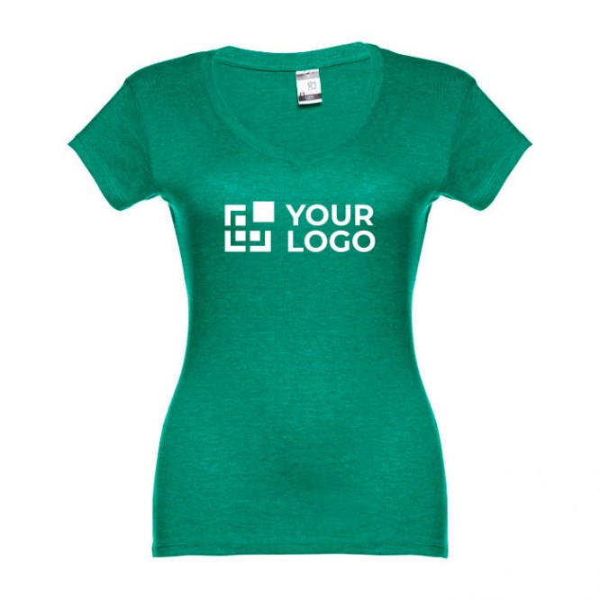 Camiseta corporativa cuello V para mujer color verde jaspeado primera vista