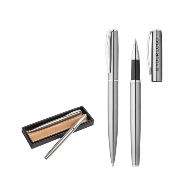 Set de bolígrafo y roller de acero inoxidable reciclado tinta negra
