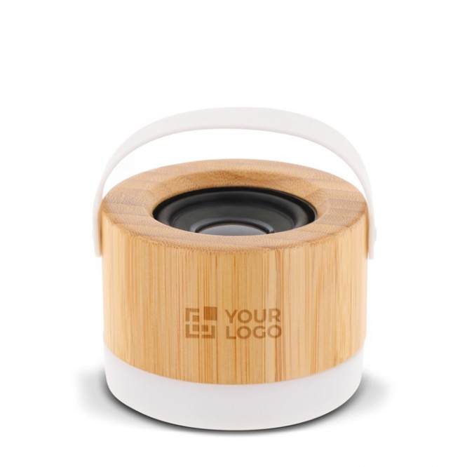 Altavoz inalámbrico de bambú con base y asa blanca para transporte