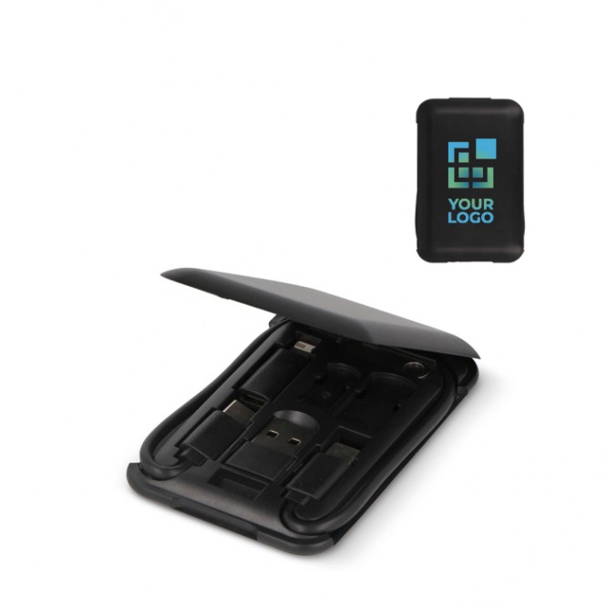 Kit viajero con varios conectores USB y doble uso como soporte de móvil