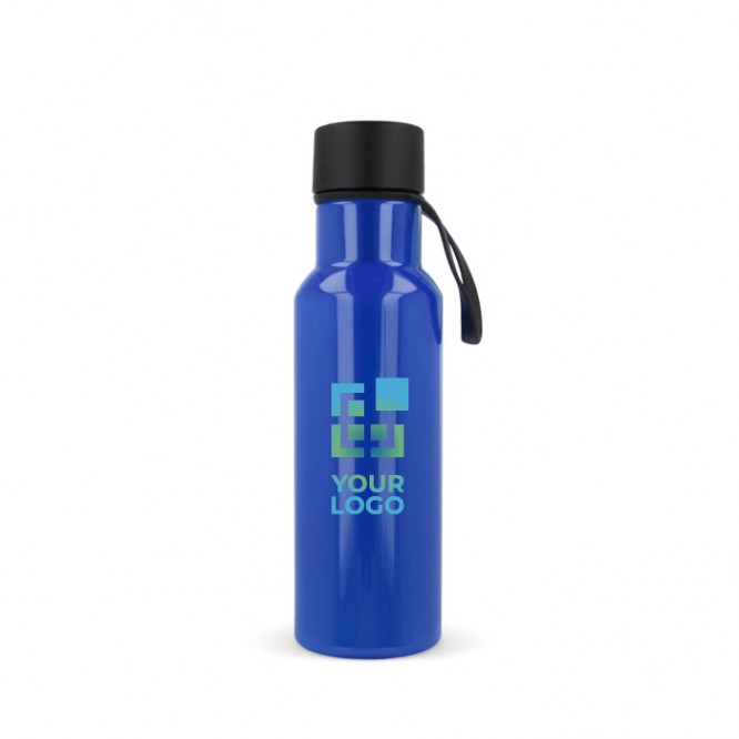 Botella de RPET de color con asa de transporte de goma 600ml color azul