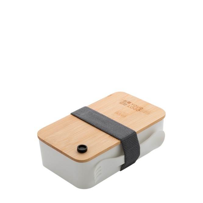 Fiambrera con tapa de bambú y tenedor vista principal