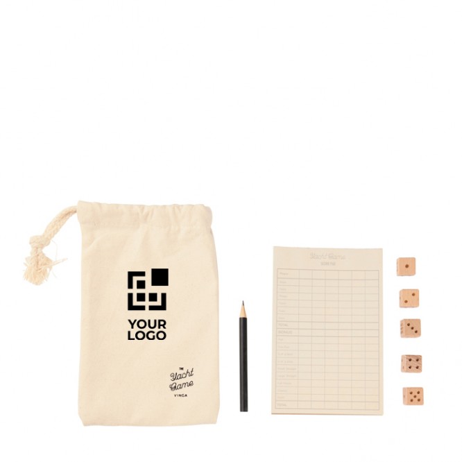 Juego de dados Yacht en madera de pino con bloc, bolígrafo y bolsa